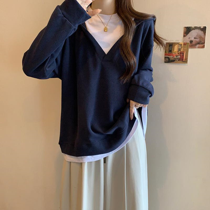 大碼寬鬆假兩件中長款百搭連帽長袖衛衣(6色)-HaloBless