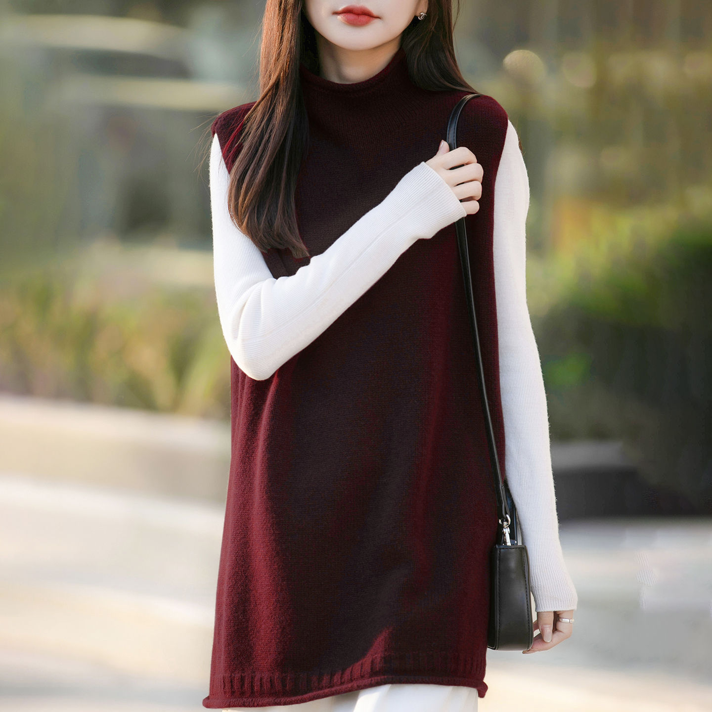 半高領中長版寬鬆背心坎肩羊毛針織馬甲