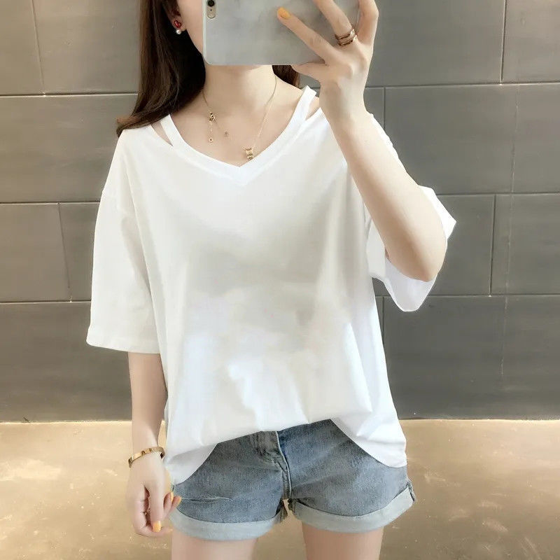 Ins潮流設計感休閒百搭洋氣寬鬆V領短袖
