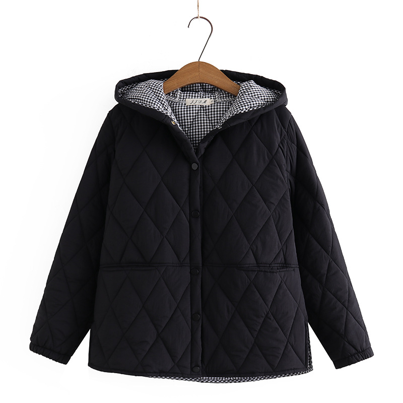 大碼羽絨棉連帽寬鬆輕薄格子拼接外套開衫-HaloBless