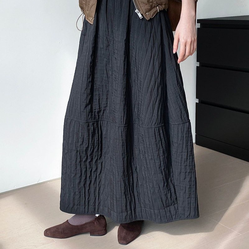 日系文藝中長款高腰顯瘦簡約半身裙-HaloBless