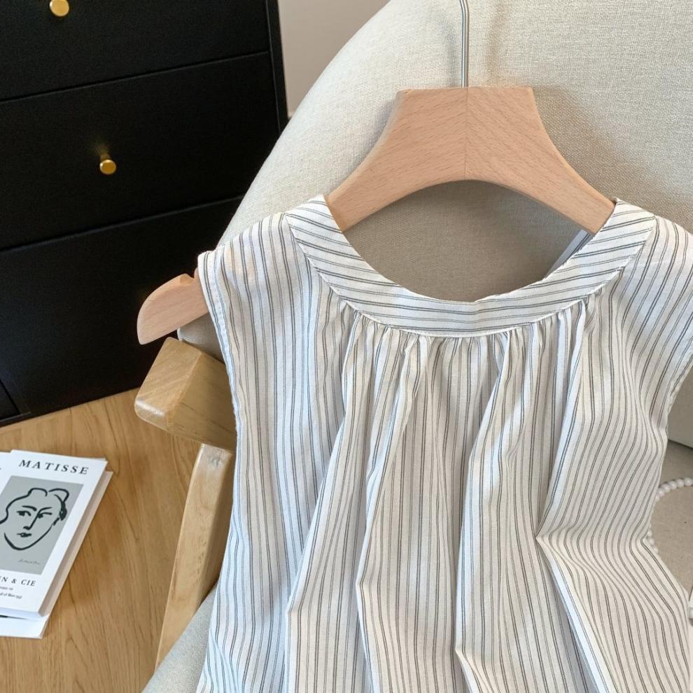 木耳邊擺掛脖蝴蝶結綁帶無袖條紋襯衫-HaloBless