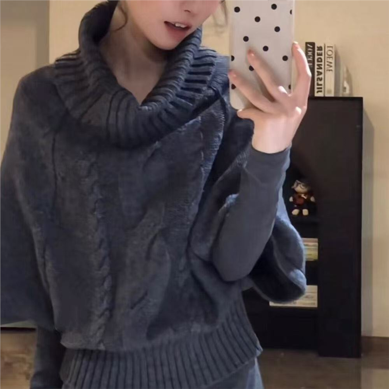 麻花斗篷氛圍針織衫復古寬鬆中袖高領毛衣
