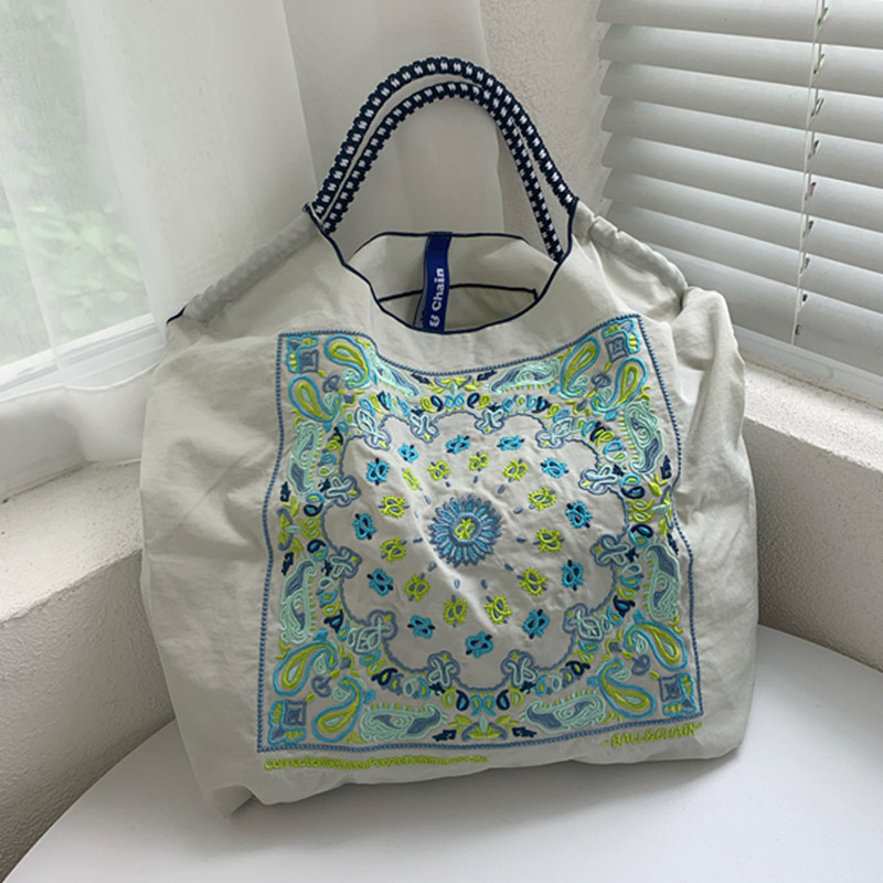 日系小眾腰果花刺繡購物袋尼龍環保袋時尚手提單肩包