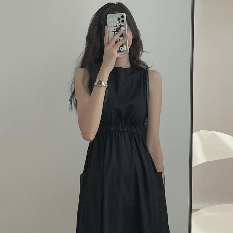簡約小眾圓領褶皺高腰顯瘦雙口袋無袖背心連身裙