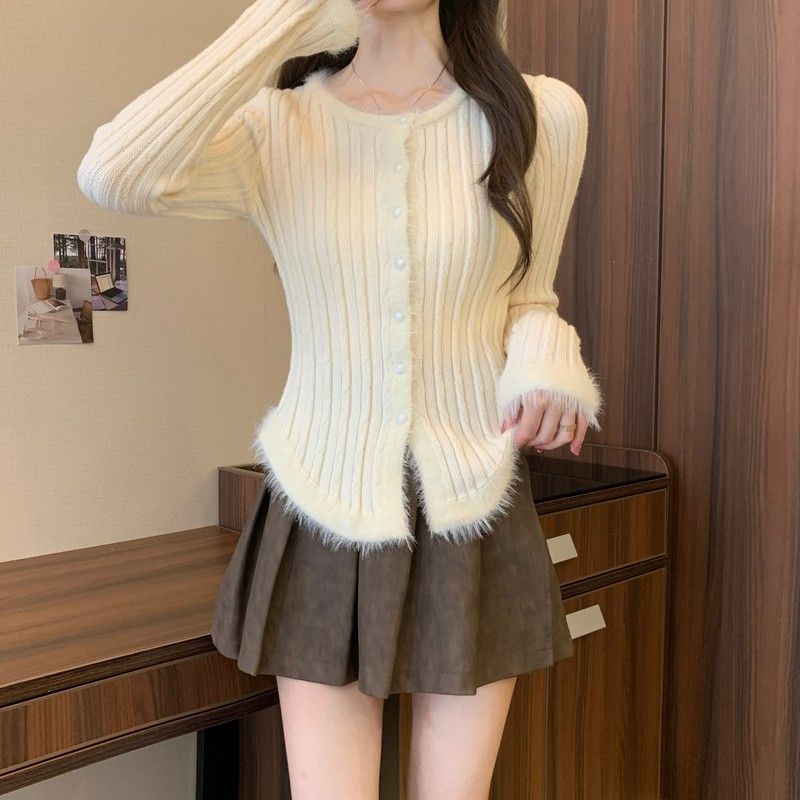 3色美拉德復古拼接毛邊修身顯瘦針織上衣