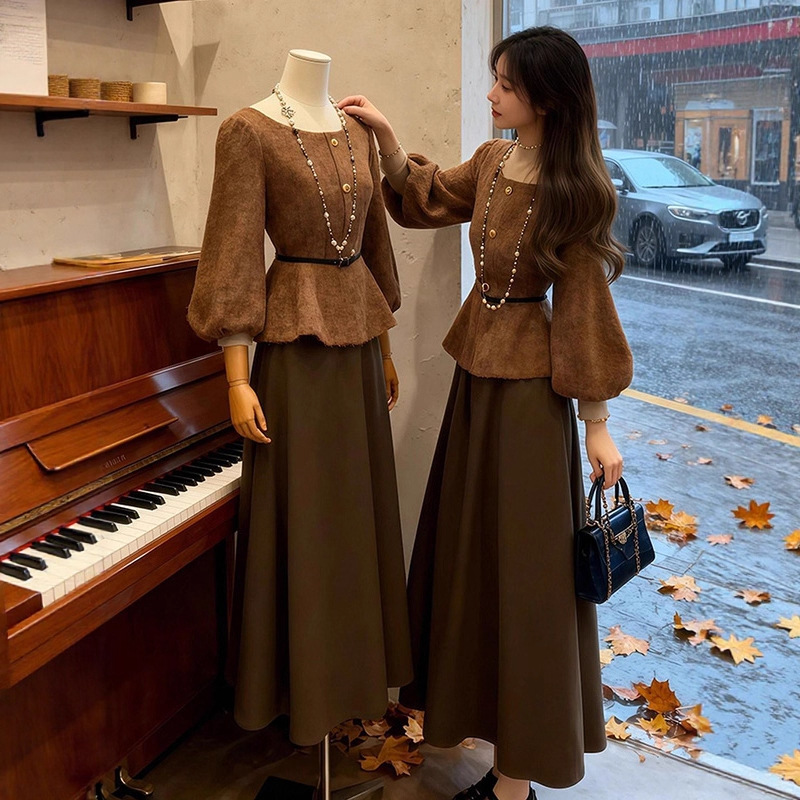 【單件/套裝】高級感氣質絕美燈籠袖上衣+咖色半身裙兩件套