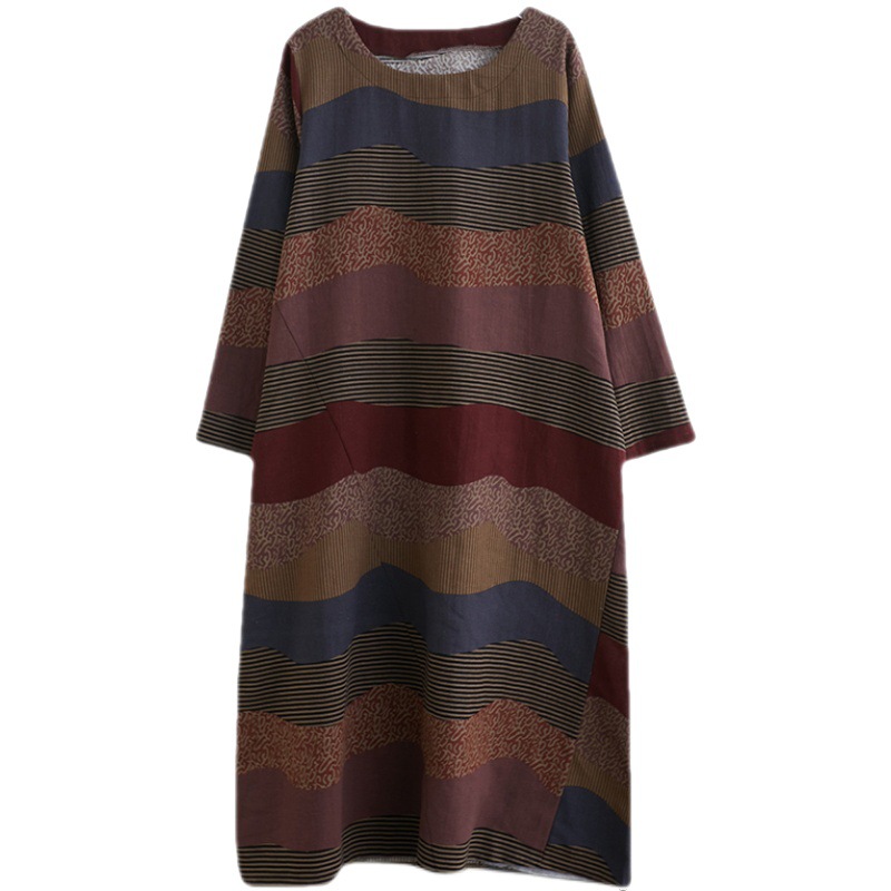 文藝洋氣復古亞麻條紋拼接棉麻洋裝-HaloBless