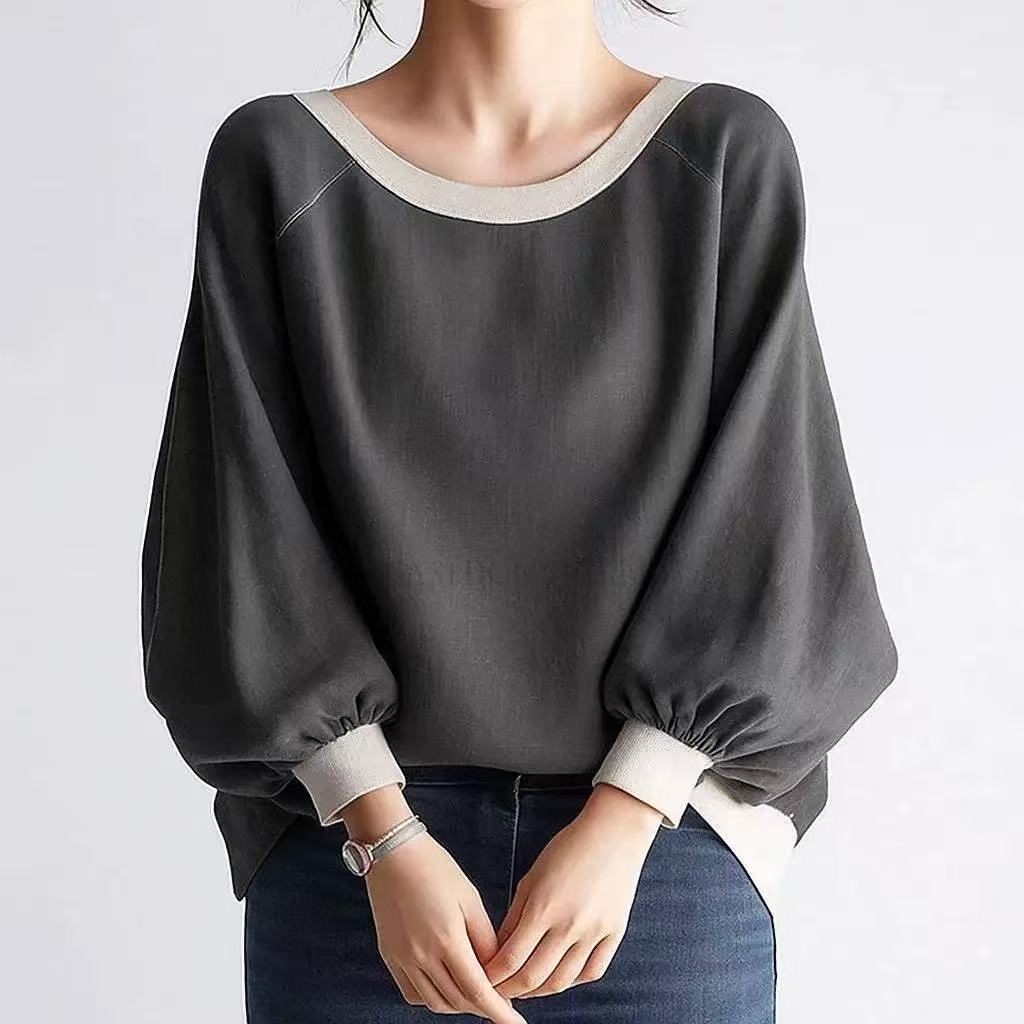 日系圓領蝙蝠燈籠袖寬鬆顯瘦長袖T恤