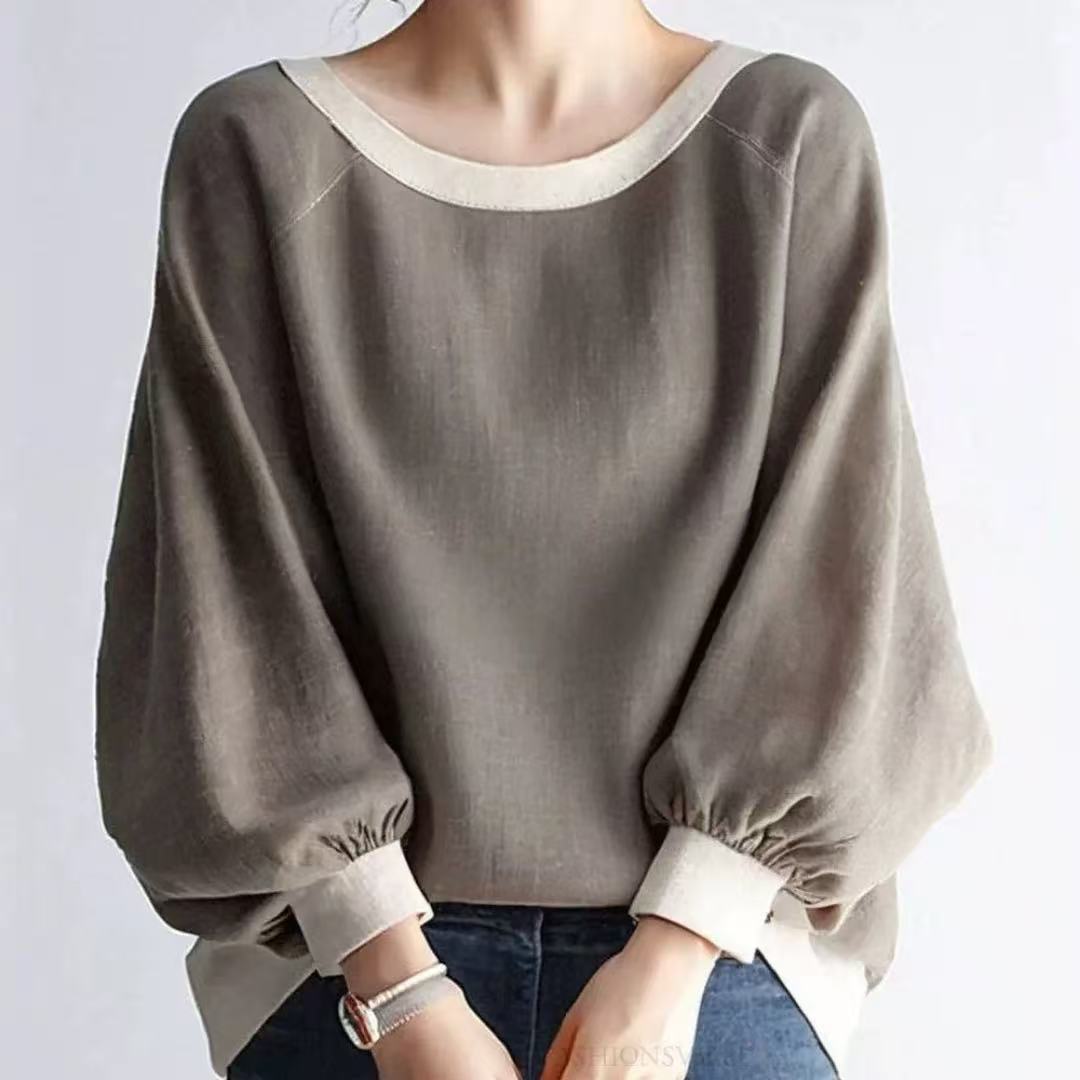 日系圓領蝙蝠燈籠袖寬鬆顯瘦長袖T恤