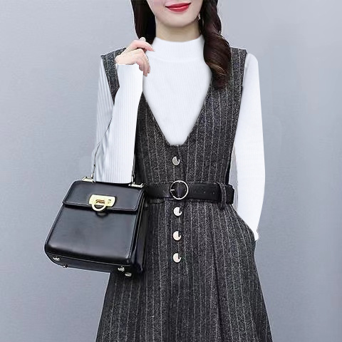 【單件/套裝】毛呢氣質外穿顯瘦背帶連身裙+內搭毛衣兩件套裝-HaloBless