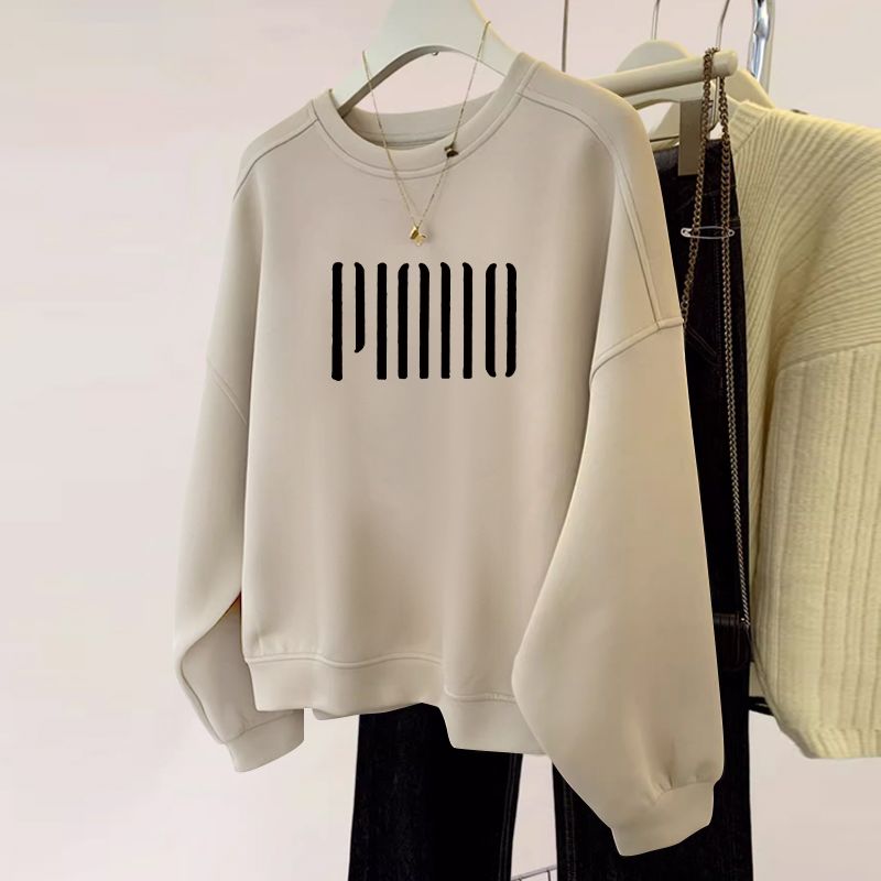 薄款/刷毛休閒圓領寬鬆顯瘦長袖T恤