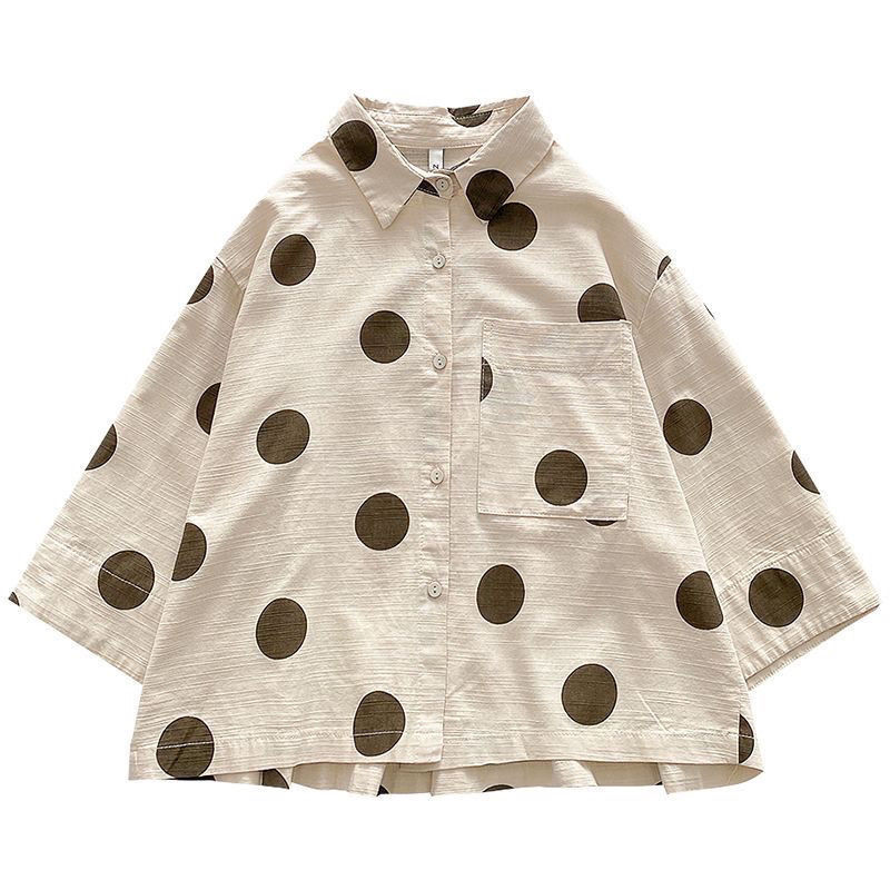 日系波點休閒寬鬆短款七分短袖襯衫-HaloBless