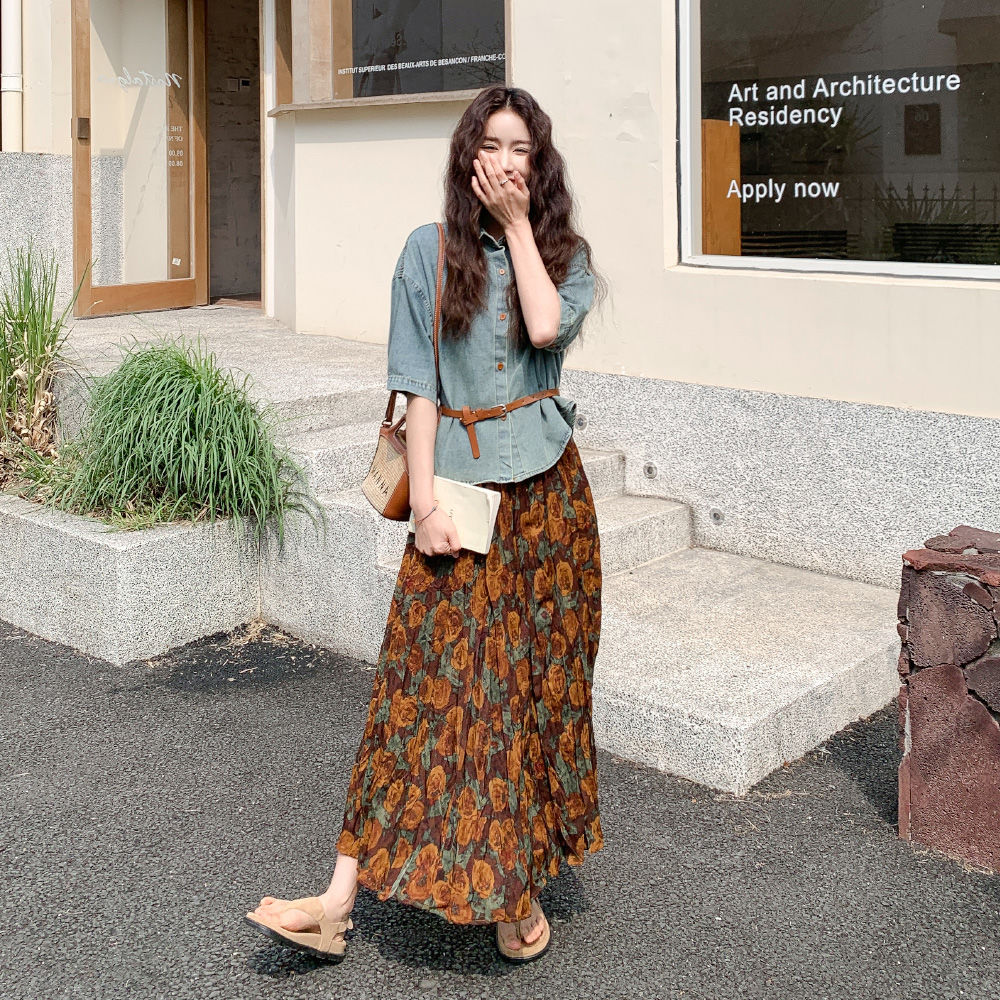 【單品/套裝】短袖牛仔襯衫碎花半身裙兩件套裝-HaloBless