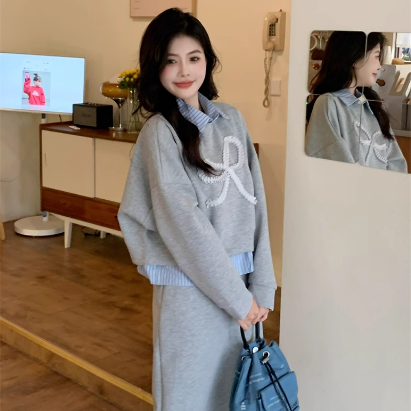 【整套】POLO領條紋拼接長袖衛衣+高腰包臀半裙兩件套裝-HaloBless