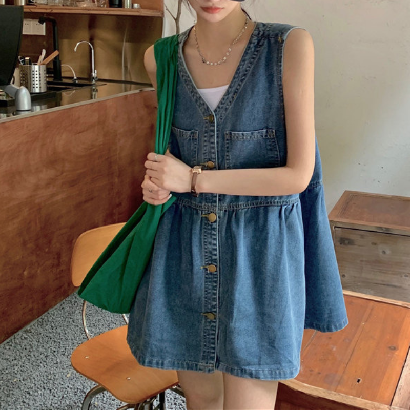 韓版寬鬆小個子休閒無袖牛仔連身裙-HaloBless