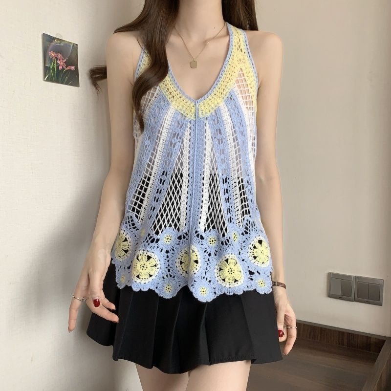 波西米亞設計感撞色可疊穿鏤空吊帶背心