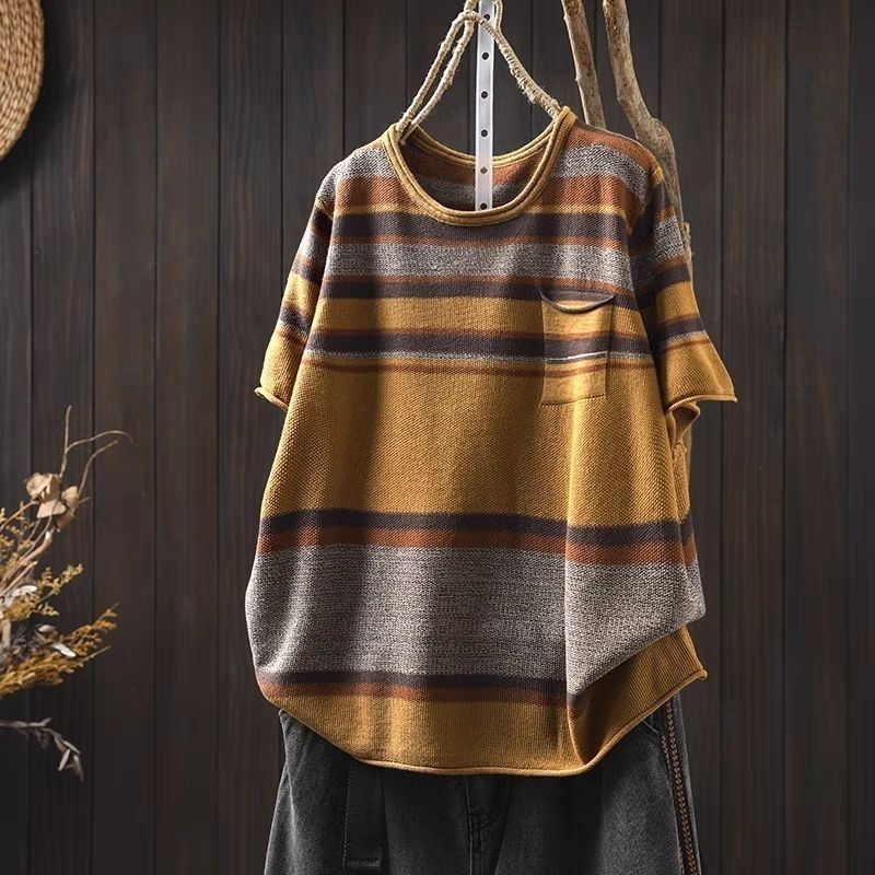 休閒百搭圓領條紋寬鬆時尚短袖針織T恤-HaloBless