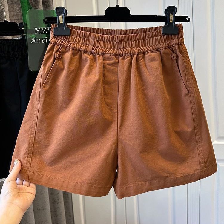 3色純棉鬆緊腰寬鬆休閒高腰闊腿口袋短褲