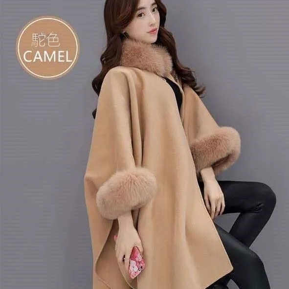 大毛領中長版呢子大衣赫本風遮肉斗篷外套
