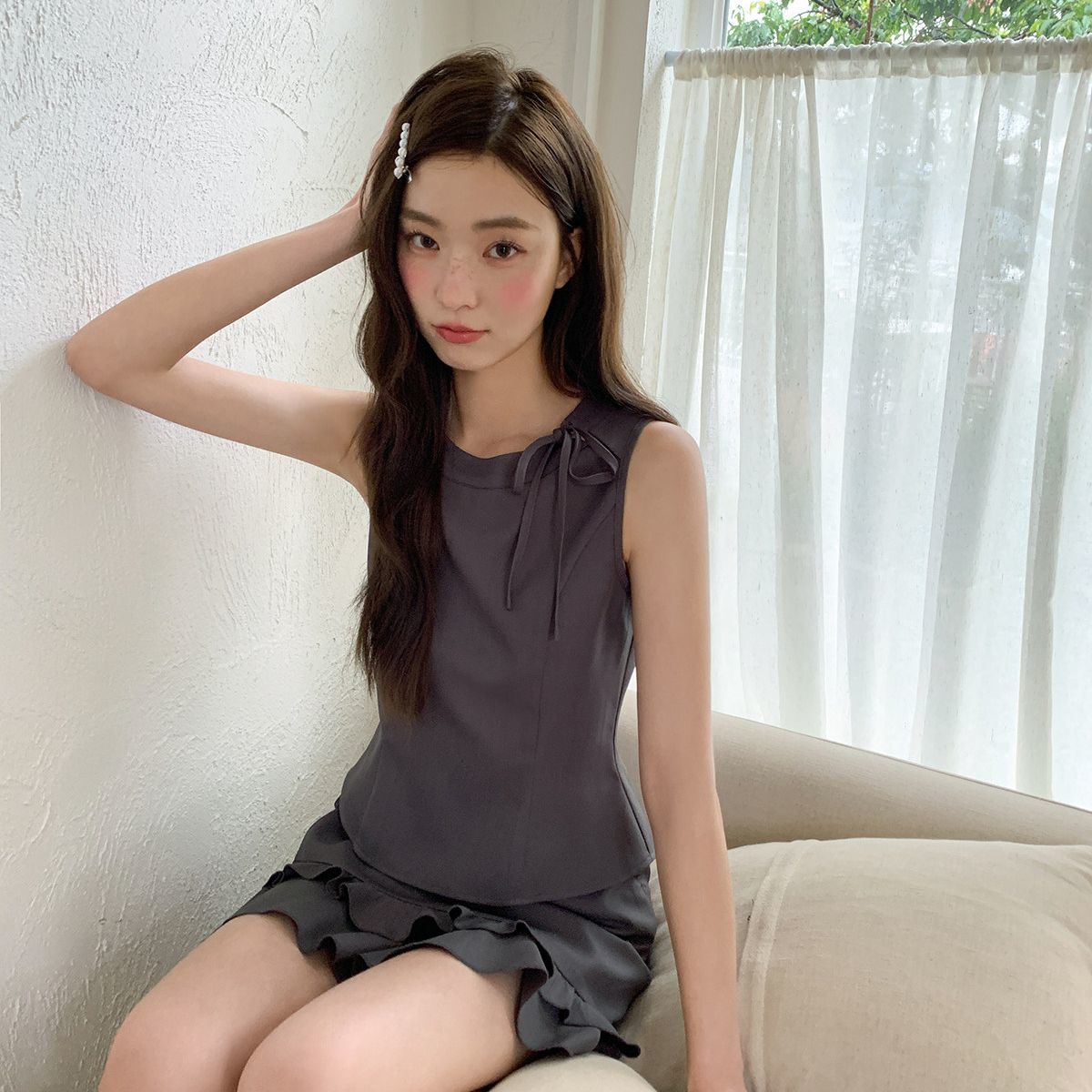 【整套】蝴蝶結綁帶圓領無袖衫荷葉邊高腰A字半身裙兩件套裝 商品圖 10