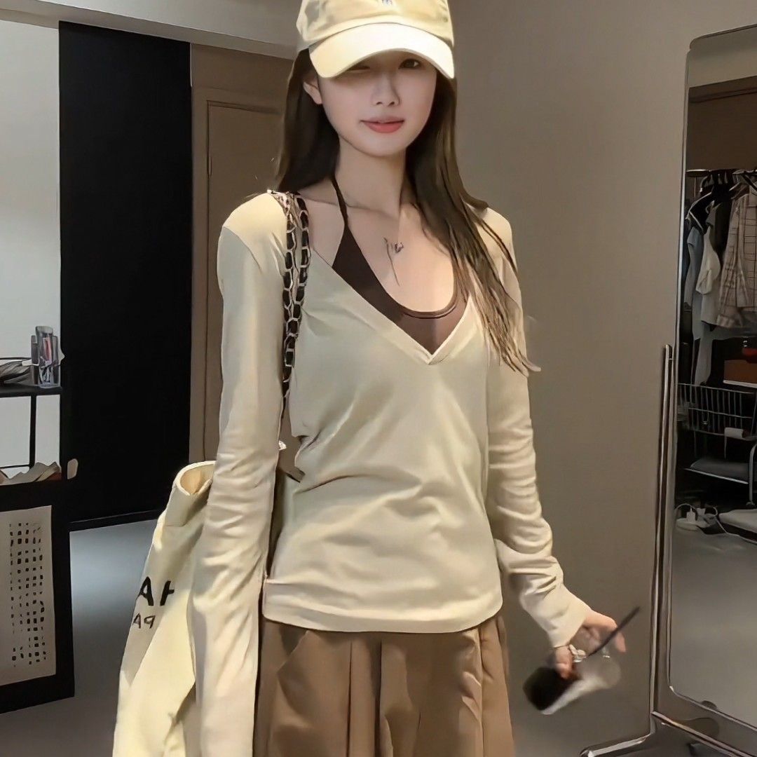 疊穿美式辣妹修身長袖罩衫+掛脖背心真兩件長袖