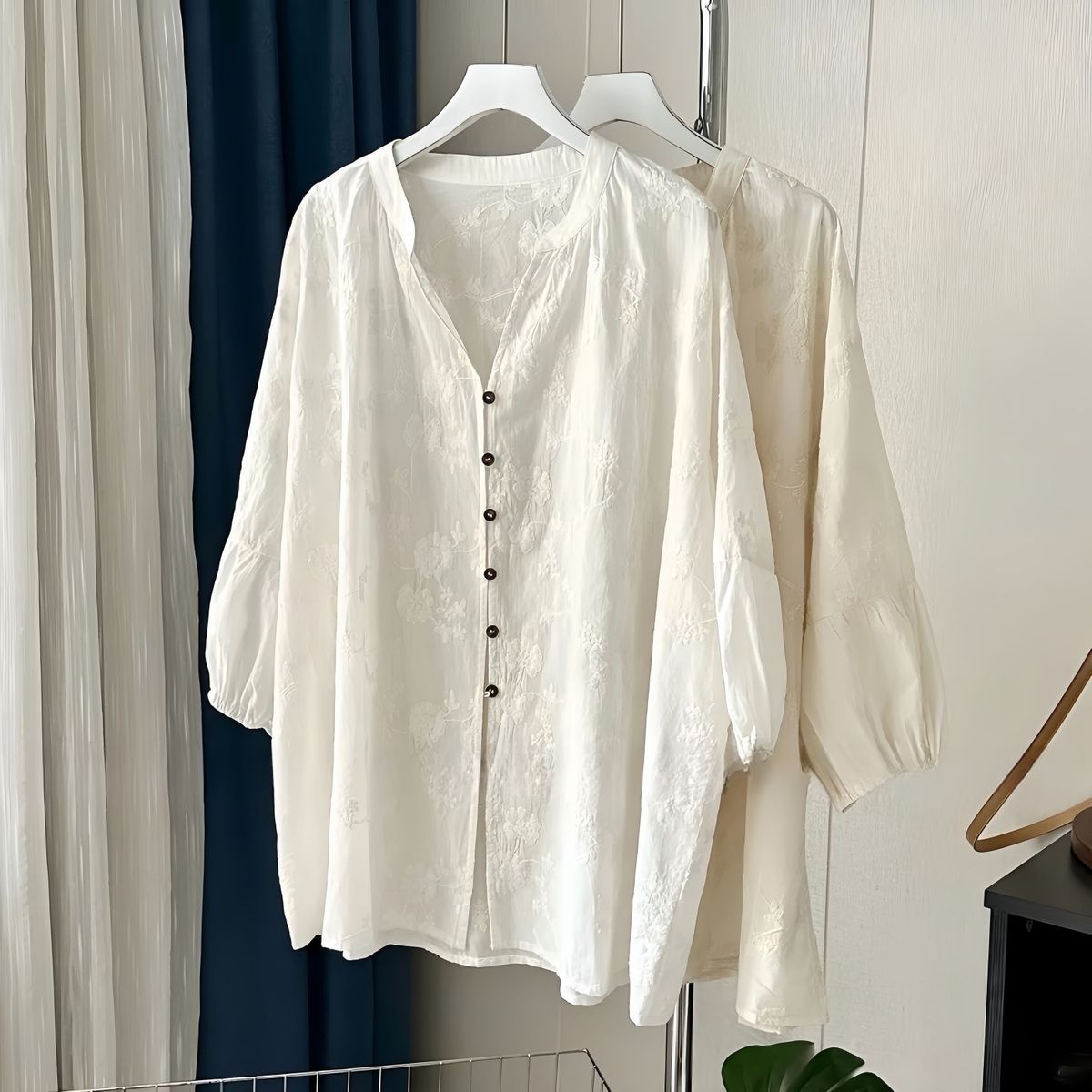 提花刺繡棉質百搭防曬寬鬆七分袖中長款開衫襯衫