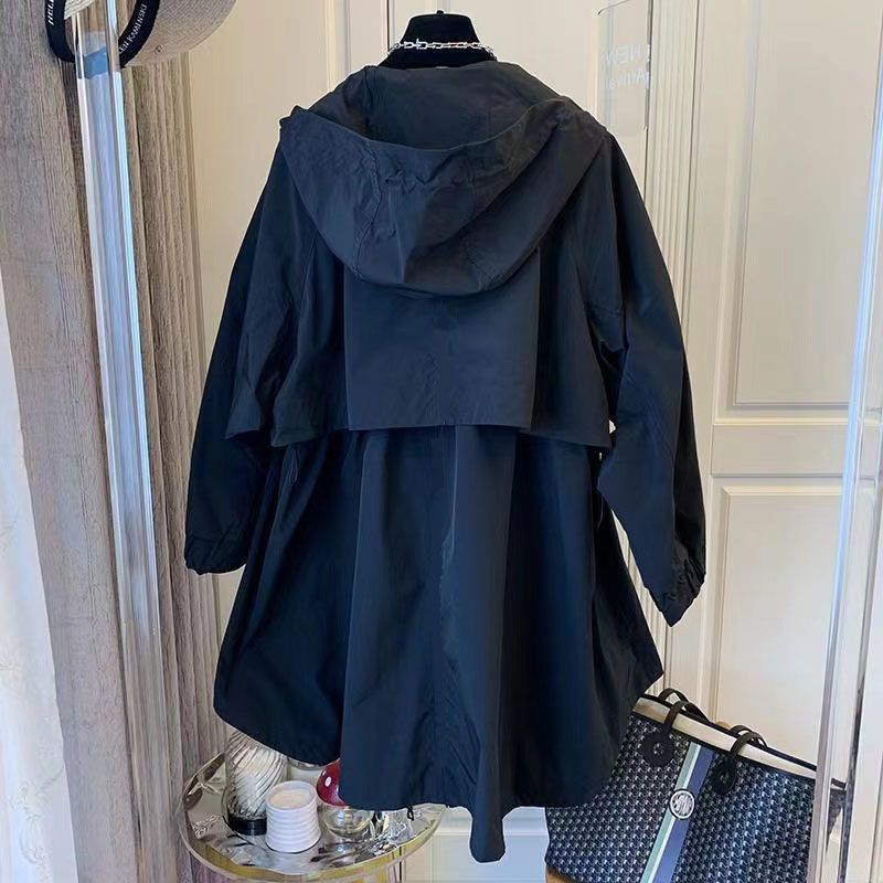 日系寬鬆休閒雙口袋拼接連帽中長版風衣