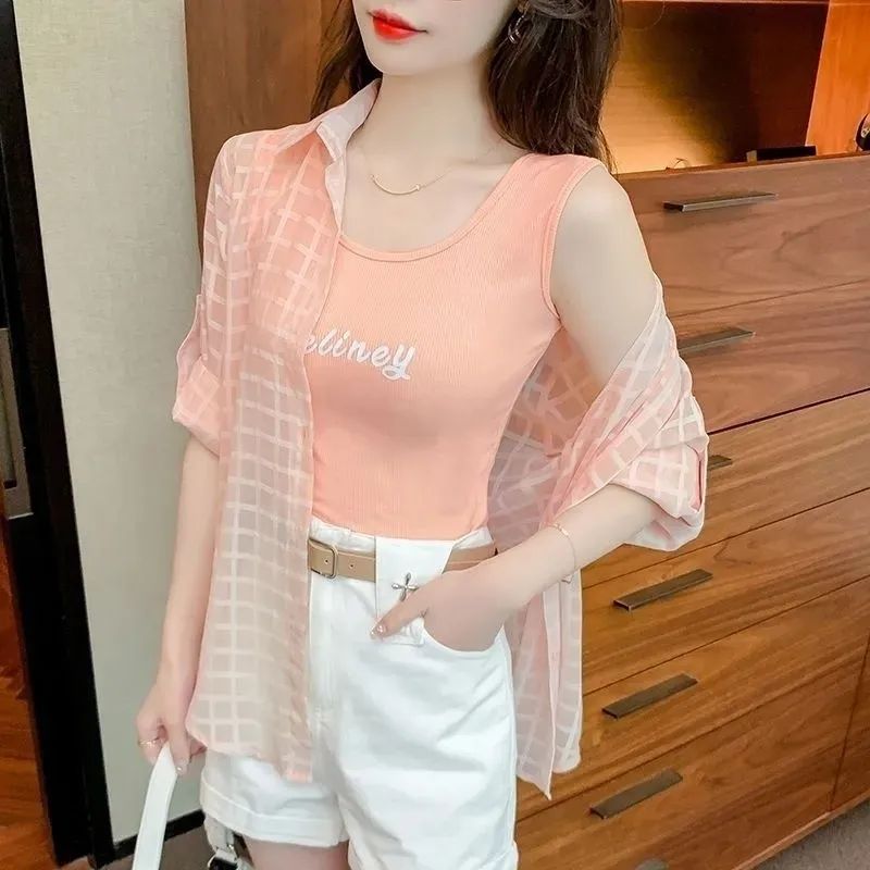 【單件/套裝】雪紡襯衫內搭吊帶牛仔短褲三件套裝-HaloBless