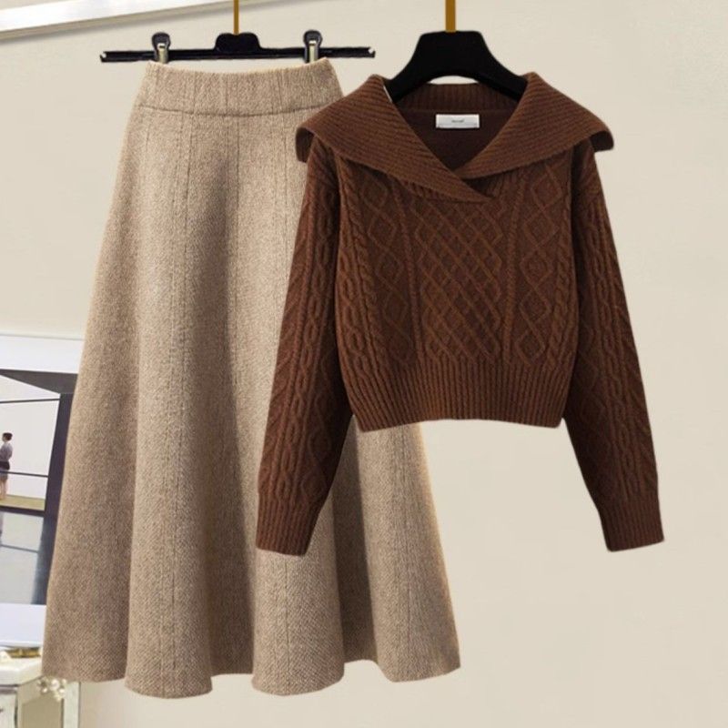 【單件/套裝】慵懶風娃娃領麻花毛衣+高腰A字針織半身裙兩件套