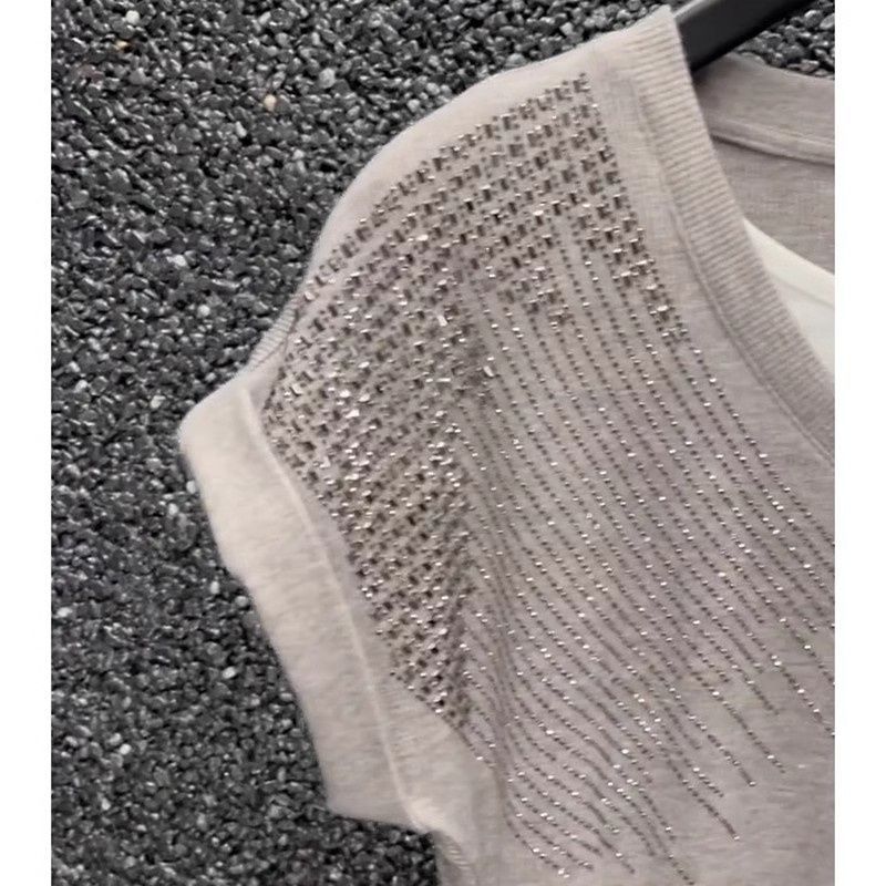 燙鑽撞色假兩件氣質收腰顯瘦V領T恤-HaloBless