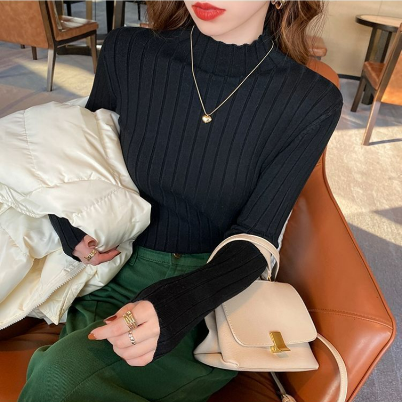 木耳邊半高領內搭毛衣短版修身針織打底衫