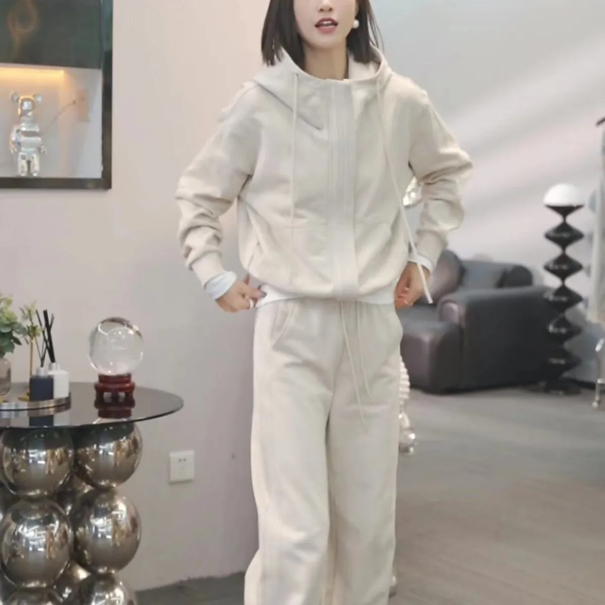 【整套】加厚刷毛時尚長袖連帽外套+休閒束脚褲兩件套裝