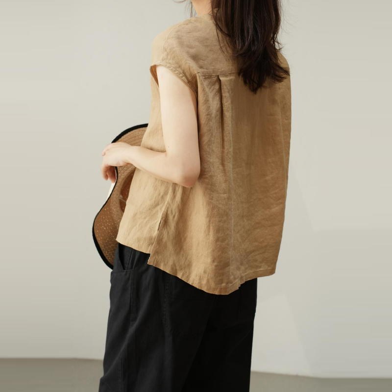 日系通勤棉麻落肩立領顯瘦無袖襯衫-HaloBless