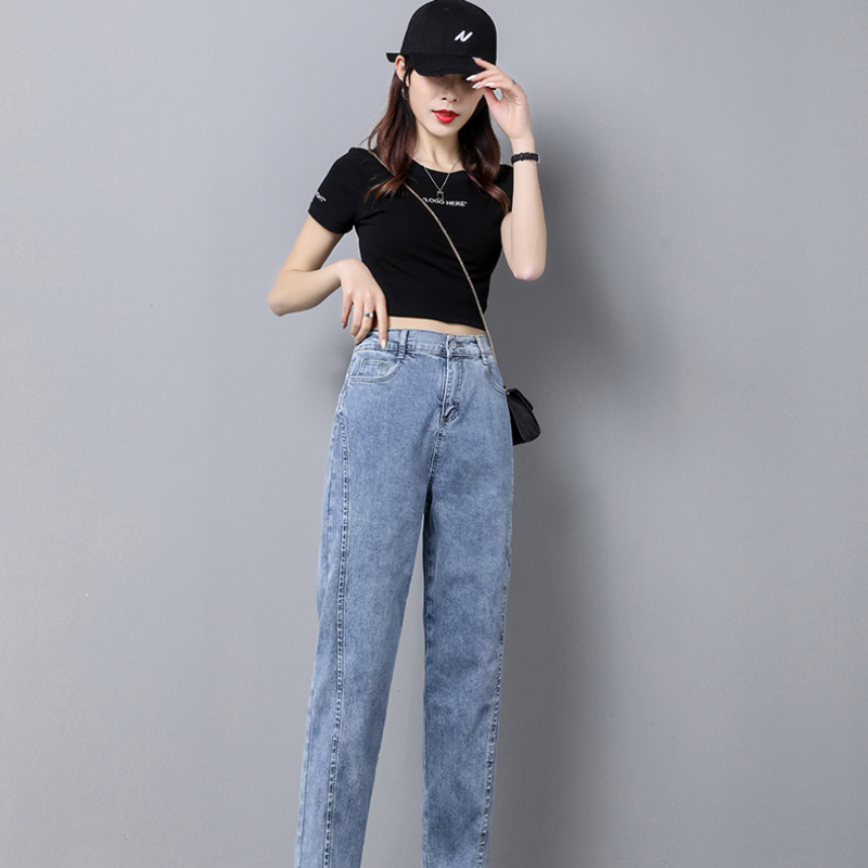 微喇型鬆緊高腰港風顯瘦小脚哈倫牛仔褲-HaloBless