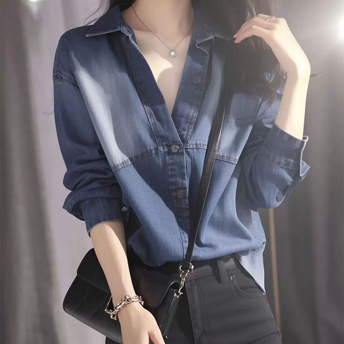 獨特別緻寬松顯瘦高級感長袖藍色牛仔襯衫-HaloBless