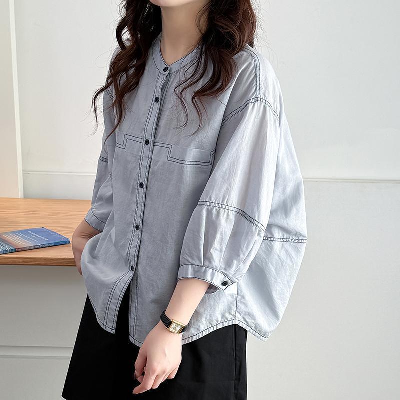 休閒寬鬆明線顯瘦中袖韓版時尚純棉襯衫-HaloBless