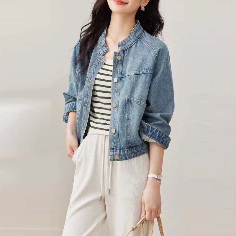 復古水洗牛仔短外套 立領顯高小個子長袖上衣-HaloBless