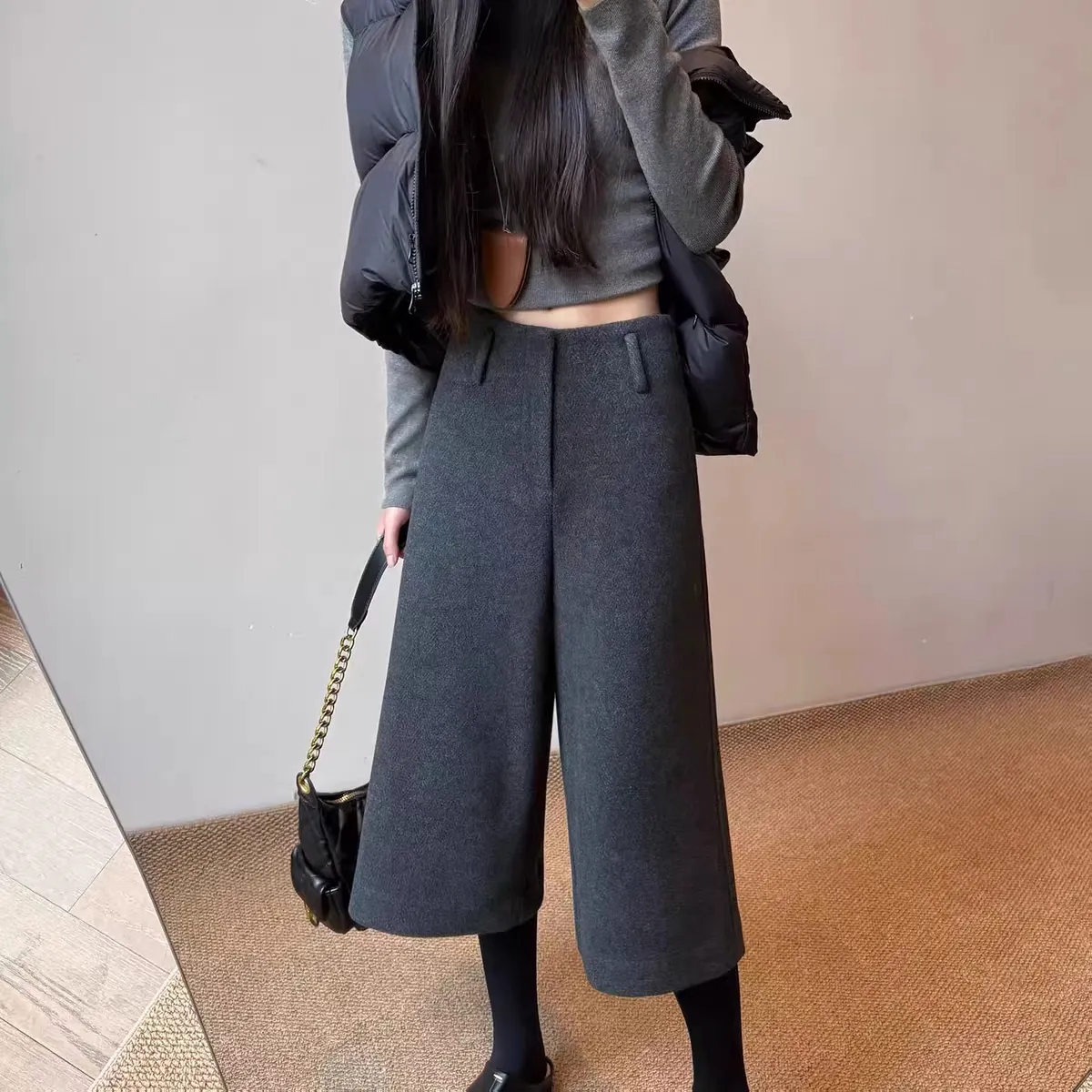 毛呢A字高腰顯瘦休閒百搭七分闊腿褲