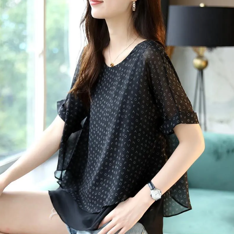 氣質涼感雪紡寬鬆印花薄款遮肚子短袖-HaloBless