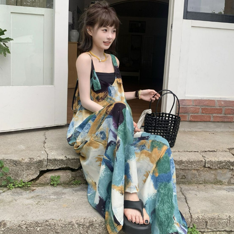 清涼顯白海島藍V領寬鬆闊腿背帶連體褲-HaloBless