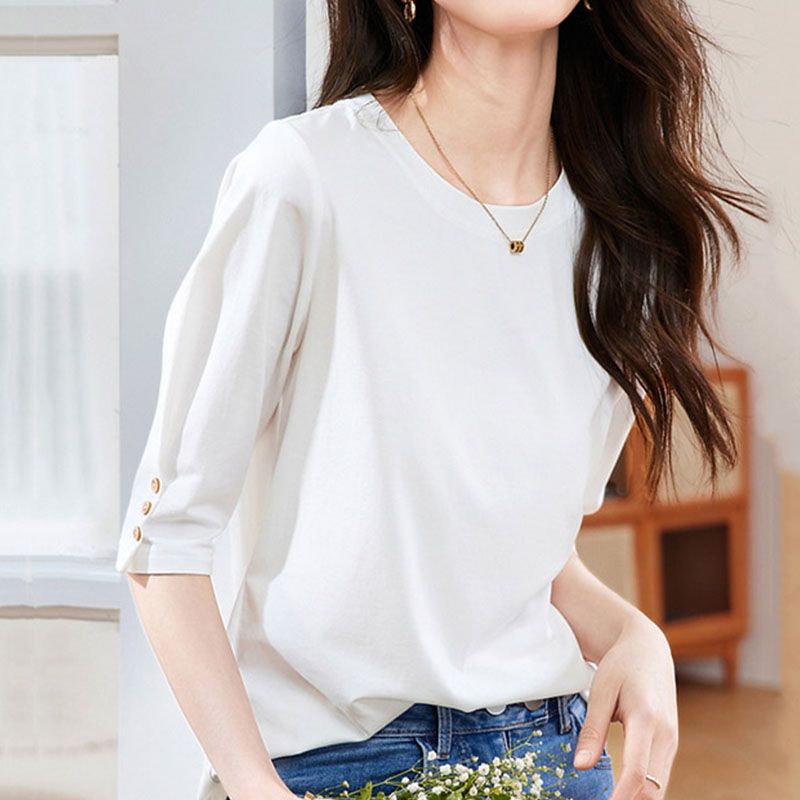 紐扣設計時尚休閒百搭顯瘦七分中袖T恤