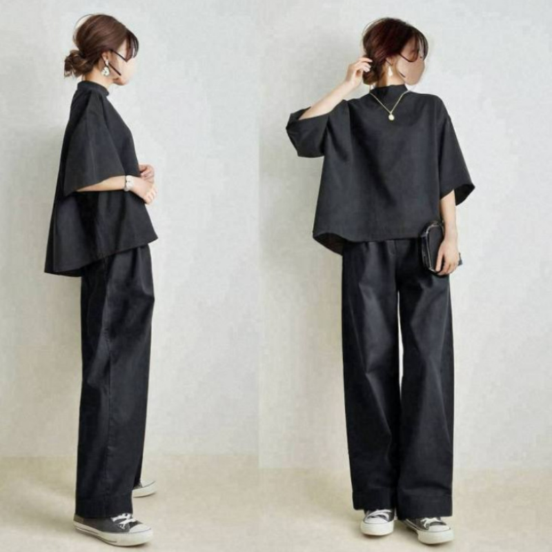 【套裝】日系寬鬆中袖上衣+寬鬆闊腿褲兩件套裝-HaloBless