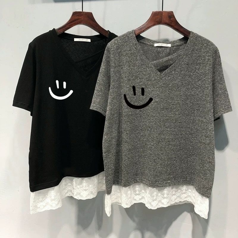 氣質顯瘦假兩件蕾絲花邊V領短袖T恤-HaloBless