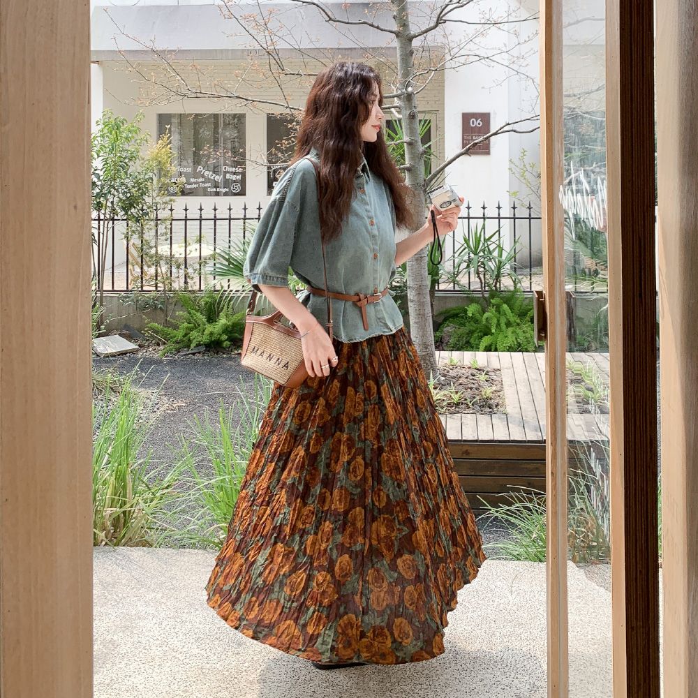 【單品/套裝】短袖牛仔襯衫碎花半身裙兩件套裝-HaloBless