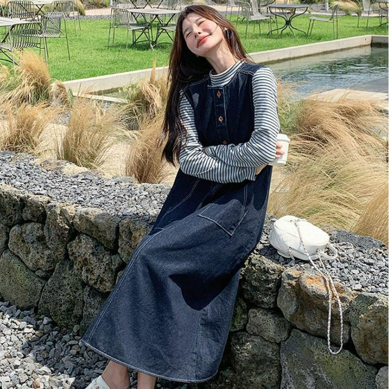 【單件/套裝】韓系條紋顯瘦上衣+復古牛仔背心洋裝兩件套-HaloBless