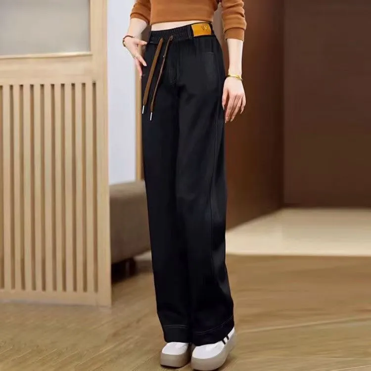 鬆緊高腰寬鬆顯瘦休閒直筒百搭刷毛牛仔褲