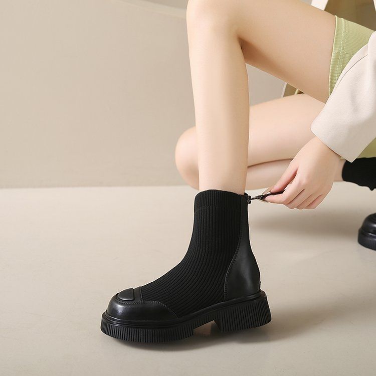 飛織瘦瘦厚底馬丁靴韓版彈力襪子百搭短靴-HaloBless