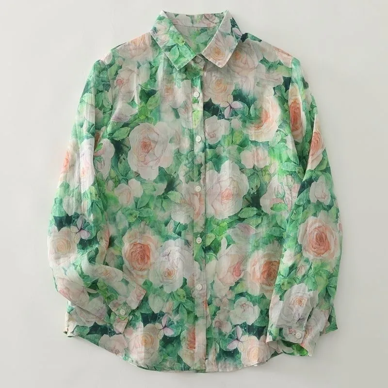 綠色碎花法式寬鬆顯瘦百搭長袖襯衫-HaloBless