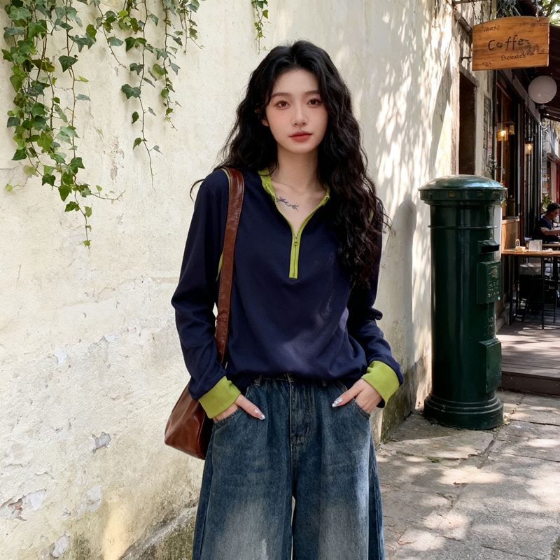 撞色遮肉小眾寬鬆半拉鏈顯瘦百搭長袖T恤